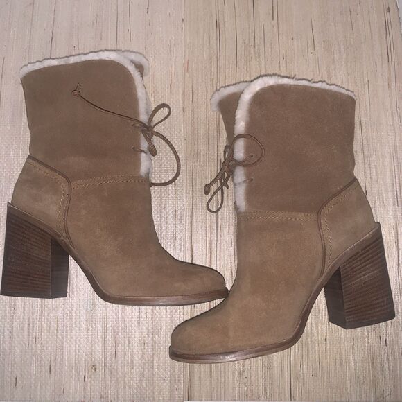 UGG Jerene Bootie Brown Suede Lace Up Block Heel Sheepskin Shearling Lined 8.5 - Picture 8 of 15